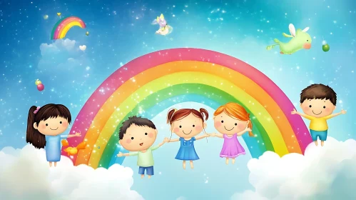 Cartoon Kids Rainbow Sky Illustration