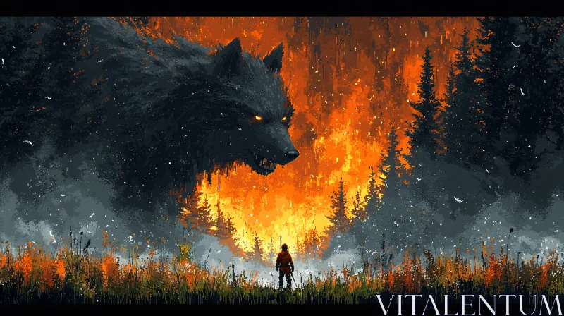 Pixelated Wolf Encounter in Burning Forest