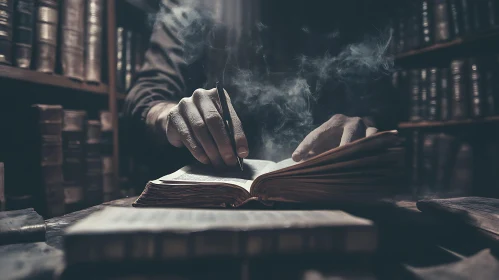 Man immersed in book in vintage library