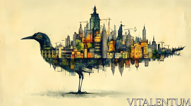 Urban Bird Watercolor Composition
