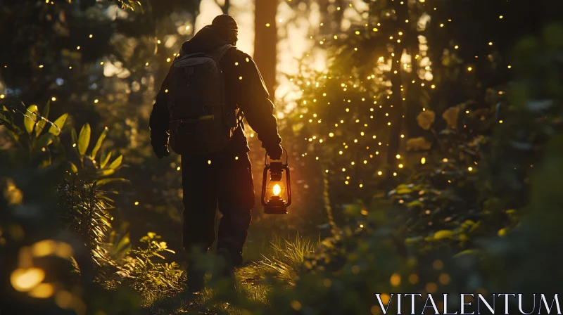 Man with lantern in mysterious forest