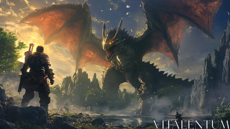Warrior Facing a Dragon in Misty Landscape
