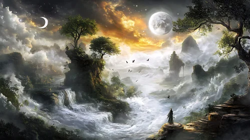 Moonlit Waterfall Fantasy Landscape