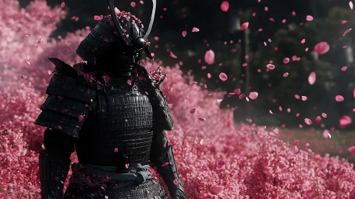Warrior in Dark Armor with Pink Petals