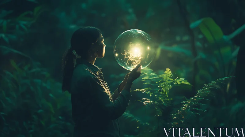 Woman with Glowing Orb in Forest