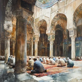 Watercolor Mosque Prayer Scene