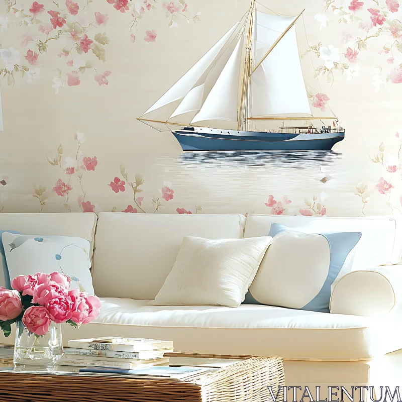 Floral Wallpaper and Sofa in Living Room AI Image