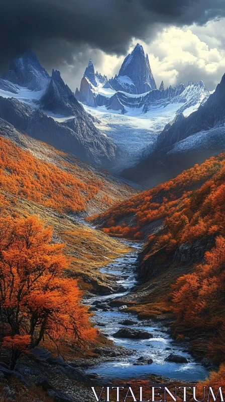 Autumn Forest and Serene River at the Base of Majestic Mountains