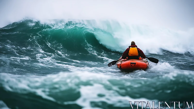 Orange Kayak Against a Huge Wave