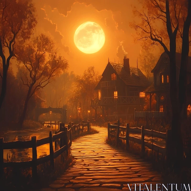Autumnal Full Moon Over Village