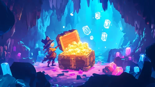 Cartoon Treasure Chest in Fantasy Cave