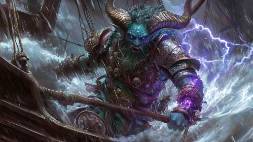 Horned Monster on Ship in Storm