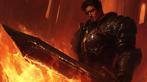 Armored Warrior with Sword in Fire