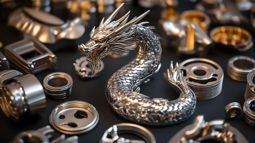 Silver Dragon Figurine Surrounded by Metal Parts