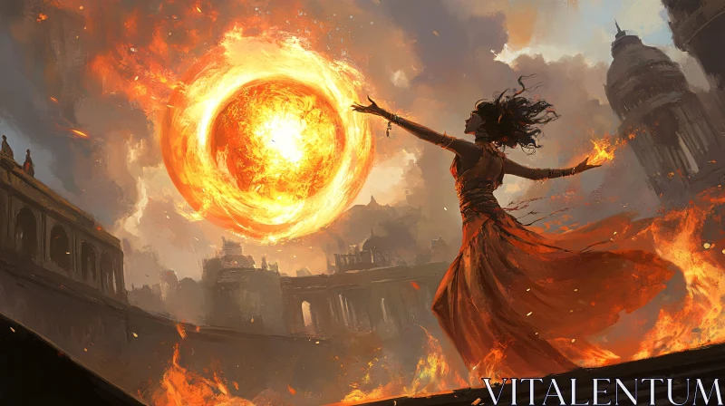 Fiery Orb Magic in Apocalyptic Cityscape