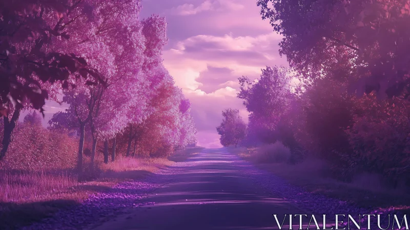 Dreamy Purple Landscape with Tree-Lined Road