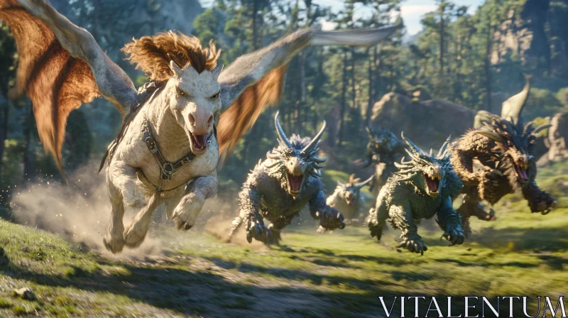 Fantasy Creatures Running in Grassy Field