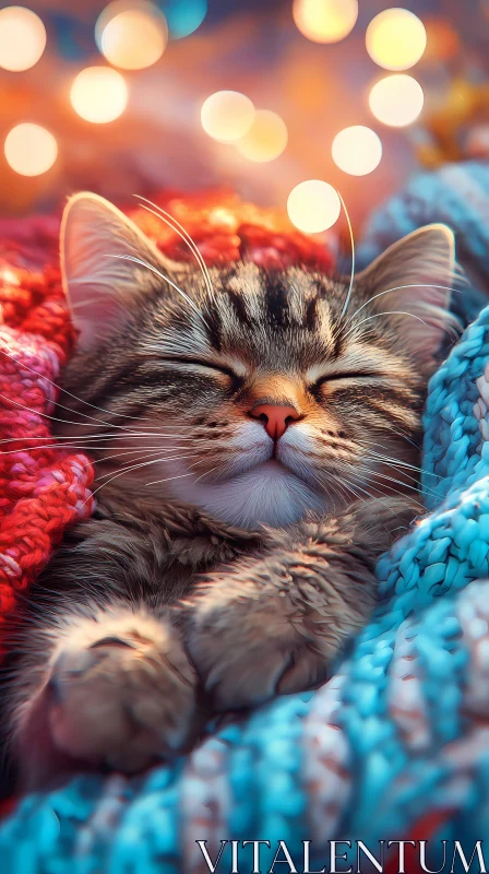 Peaceful Kitten Blended in Blankets AI Image