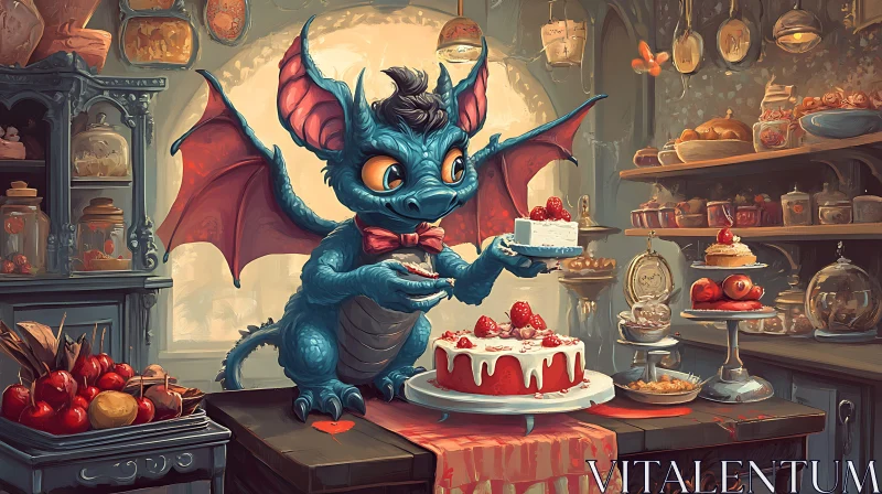 Cartoon Dragon Baking Strawberry Cake
