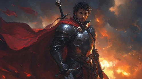 Armored Warrior with Sword and Red Cape