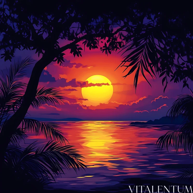 Ocean Sunset with Silhouette of Palm Trees