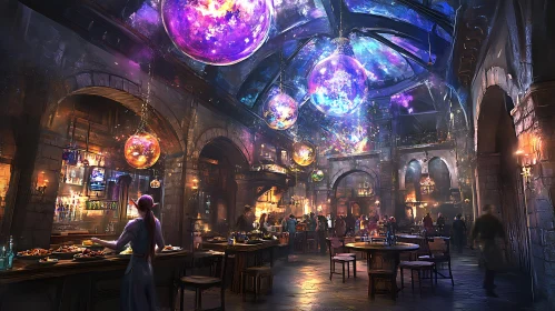Fantasy Tavern with Glowing Celestial Orbs