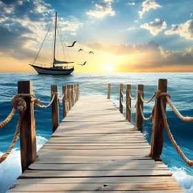 Ocean Dock at Sunset with Sailboat