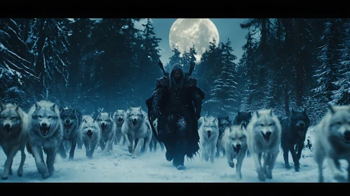 Man and Wolves in Snowy Landscape