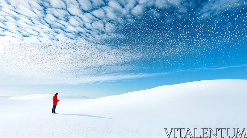 Figure in Snowy Landscape with Birds AI Image