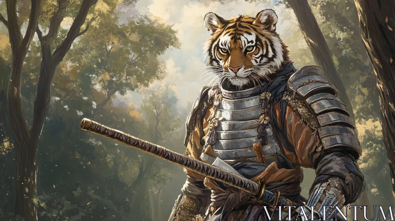 AI ART Samurai Tiger in Forest Armor