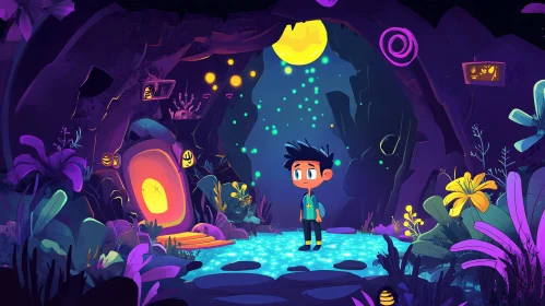 Cartoon Boy in Magical Glowing Environment