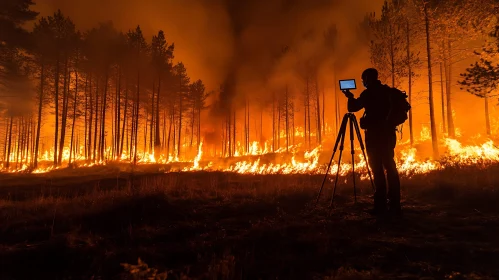 Wildfire in Forest Monitored at Night
