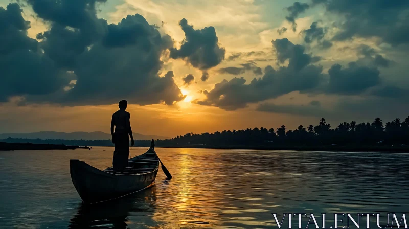 AI ART Golden Hour Serenity: A Boat on Calm Waters