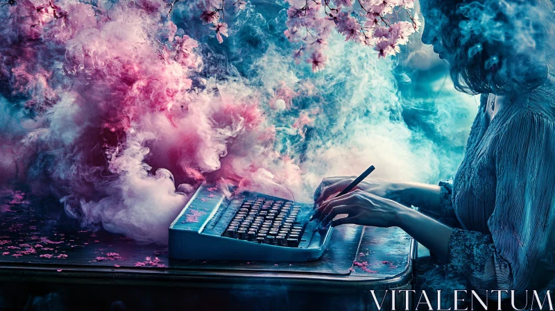 Woman Typing with Floral Smoke