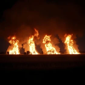 Nighttime Landscape of Trees Engulfed in Flames