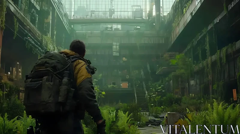 Man in Overgrown City Ruins