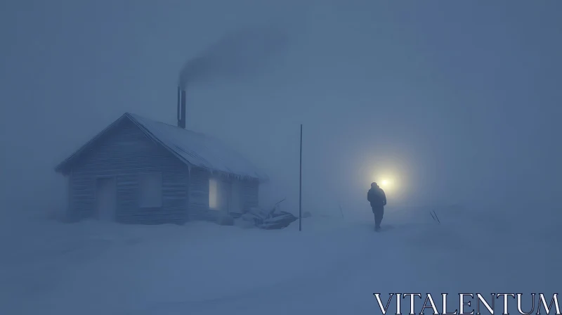 Snowy Cabin in the Fog
