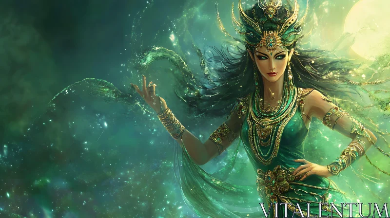 Celestial Woman in Emerald Attire