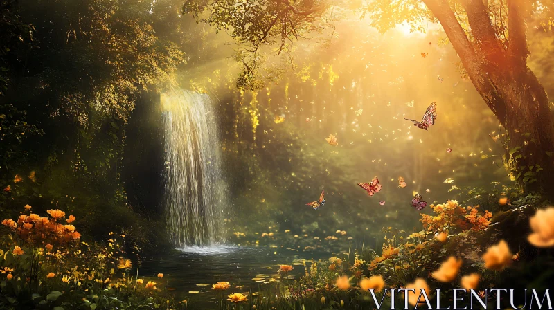 Sunlit Forest Waterfall with Butterfly Swarm