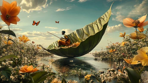 Whimsical Fishing Scene in Floral Meadow