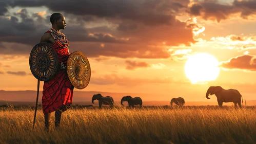 Elephants Grazing at Sunset