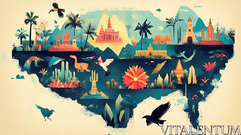 Whimsical World Illustration with Birds and Landmarks