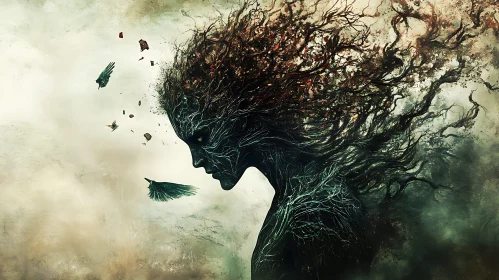 Abstract Tree Woman with Flying Birds