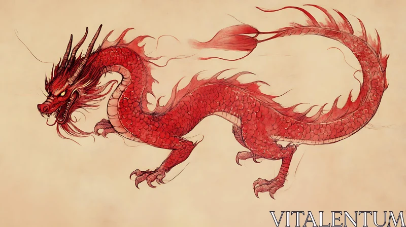 Crimson Dragon Illustration on Beige Backdrop