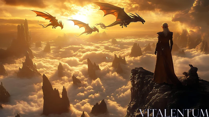 Fantasy Landscape with Dragons and Elf