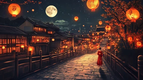 Lanterns and Moonlight over Asian Town