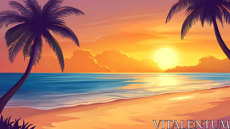 Tropical Sunset Seascape with Silhouetted Palms