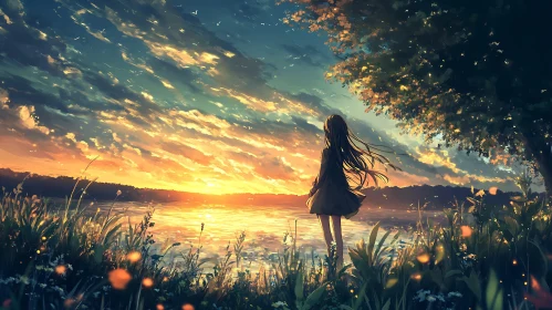 Anime Girl Contemplates Sunset Over Lake