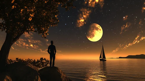Man Staring at Moon with Boat