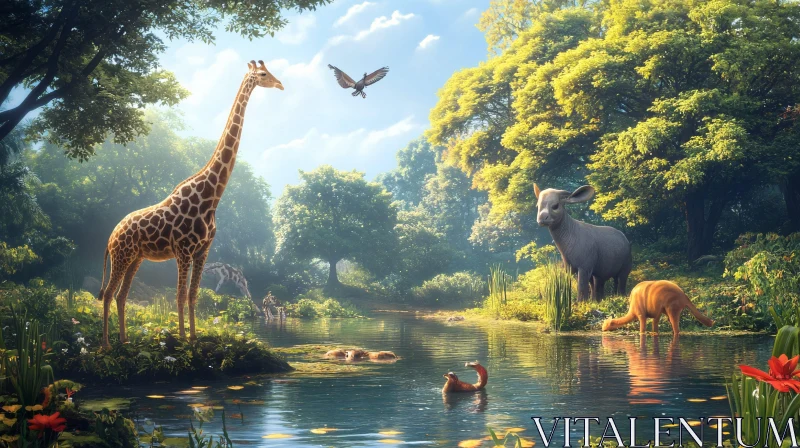 Tranquil Natural Habitat with Diverse Animals AI Image